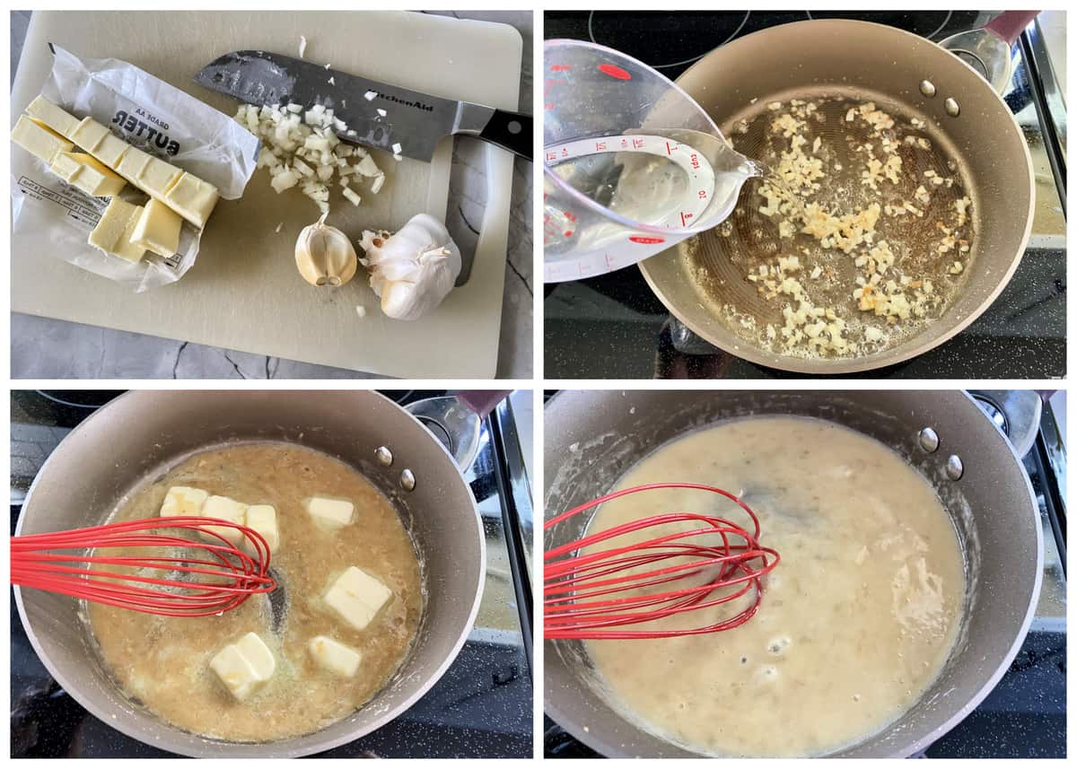 Four process photos of making garlic butter sauce.