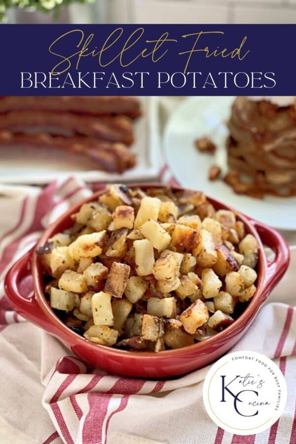 Red bowl with fried potatoes with text on Image for Pinterest.