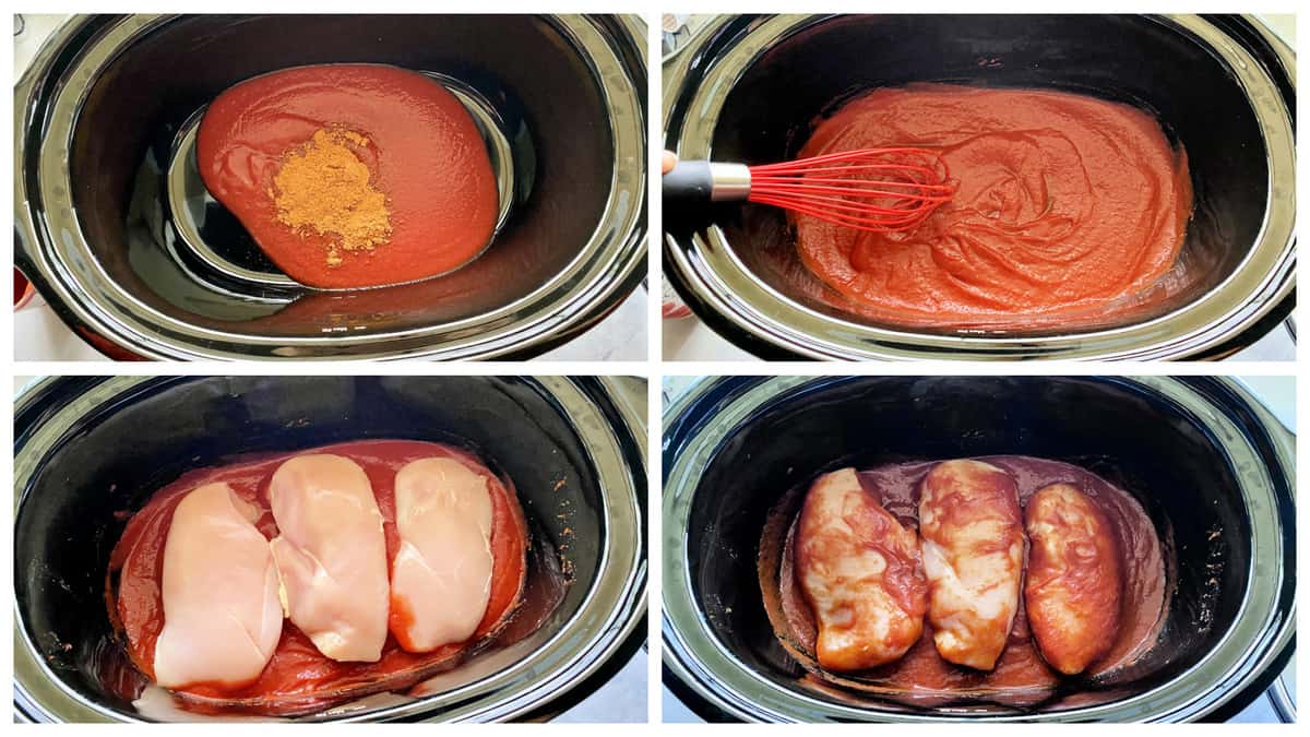 Four process photos of a top view of a slow cooker making Mexican chicken.