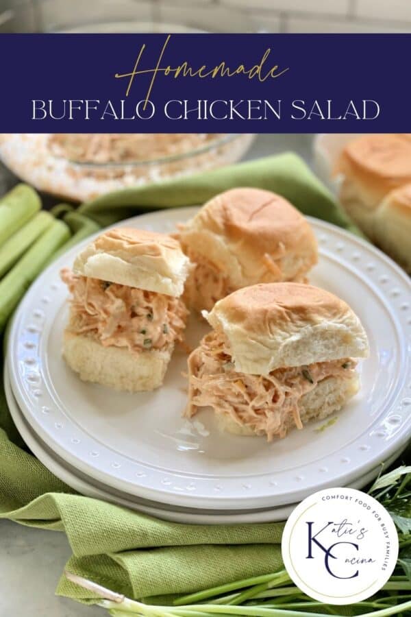 Three buffalo chicken salad sandwiches on a white plate with text on image for Pinterest.