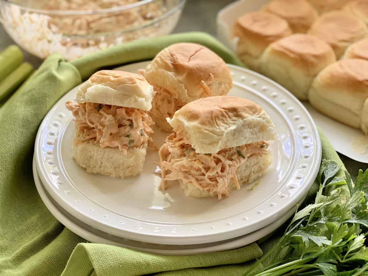 Three King's Hawaiian Rolls filled with buffalo shredded chicken.