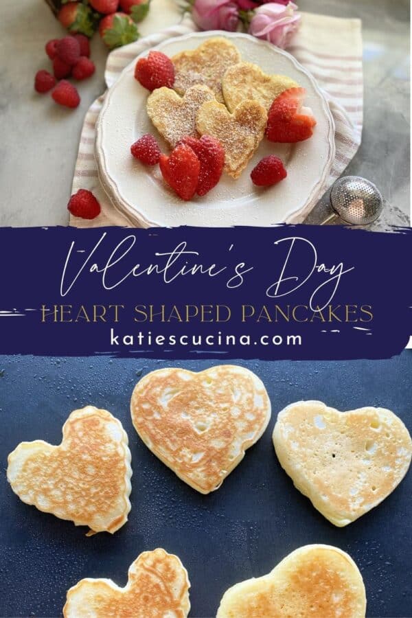 Two photos split by text; top of herat pancakes on a plate bottom of heart pancakes on a griddle.