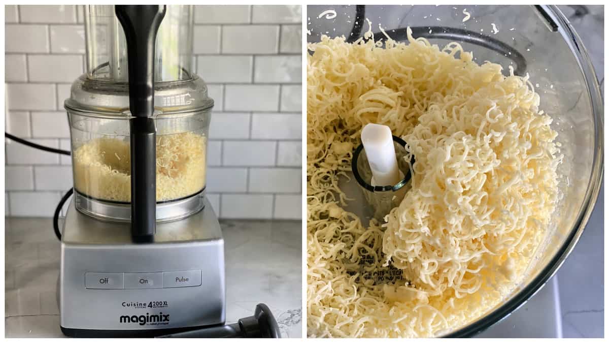 Two photos: left of food processor with shredded cheese, right of shredded cheese.