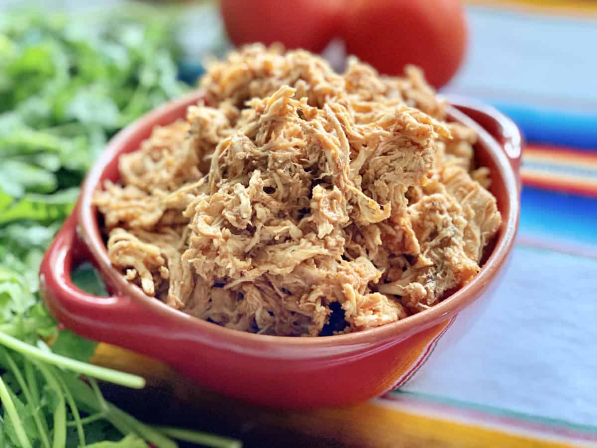 A red bowl filled with shredded chicken with fresh green cilantro on the side.