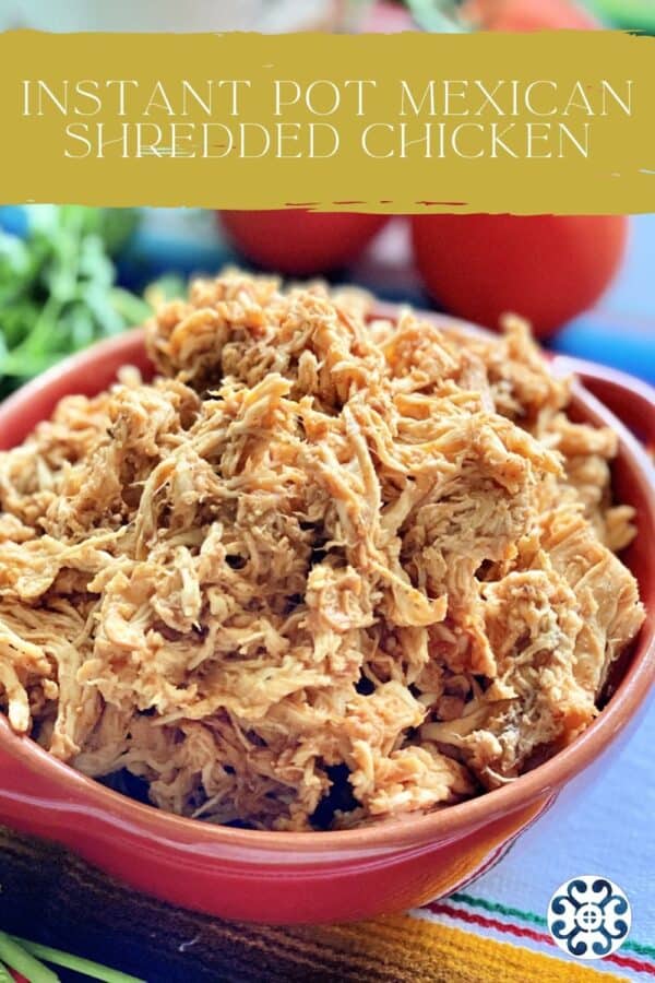 Shredded chicken in a red bowl with text on image for Pinterest.