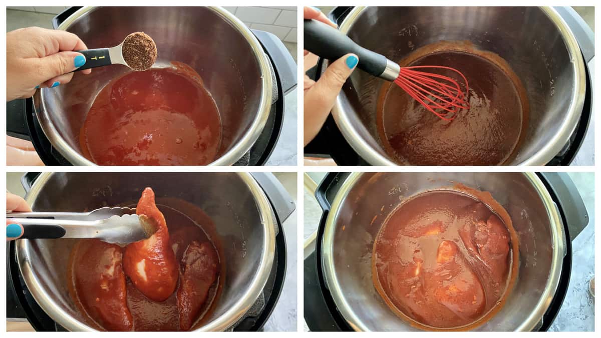 Four process photos of putting together Instant Pot Mexican Shredded Chicken.