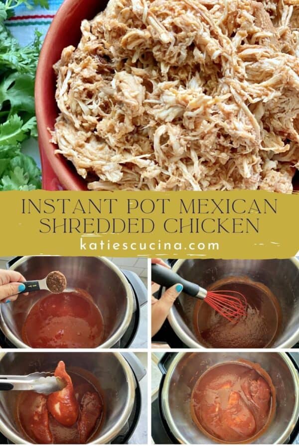 Five photos: top of shredded chicken and bottom of the process of making the chicken.