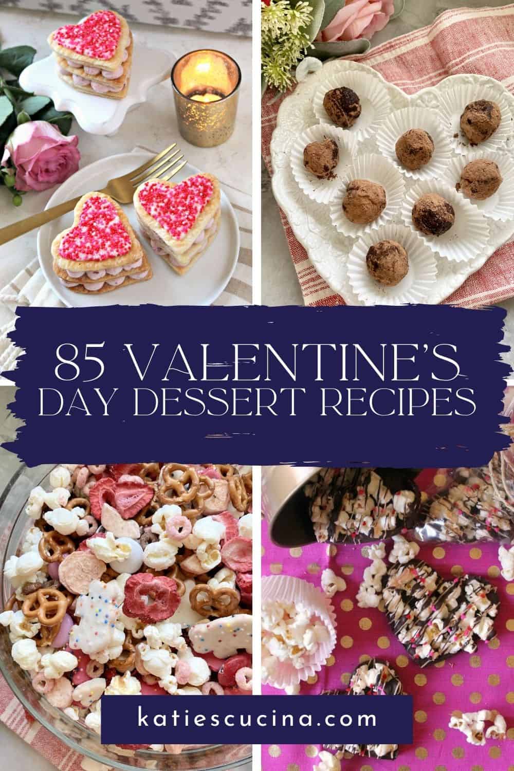 Four photo collage of heart shaped desserts with text on image for Pinterest.