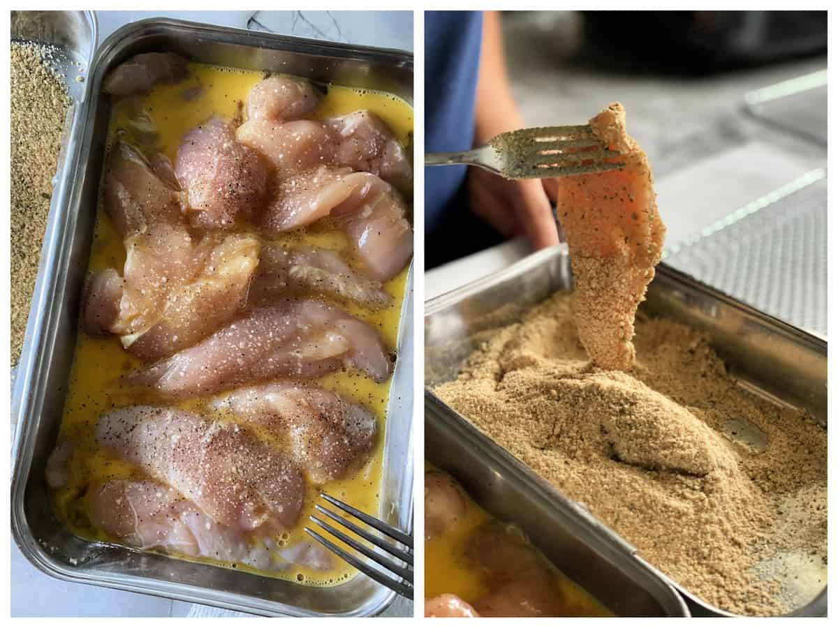 Two photos: left of chicken tenderloins in egg wash, right photo of a fork holding a raw chicken tenderloin in bread crumbs.