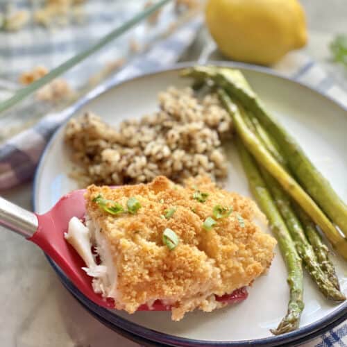 Red spatula placing a piece of breaded fish onto a plate with rice and asparagus.