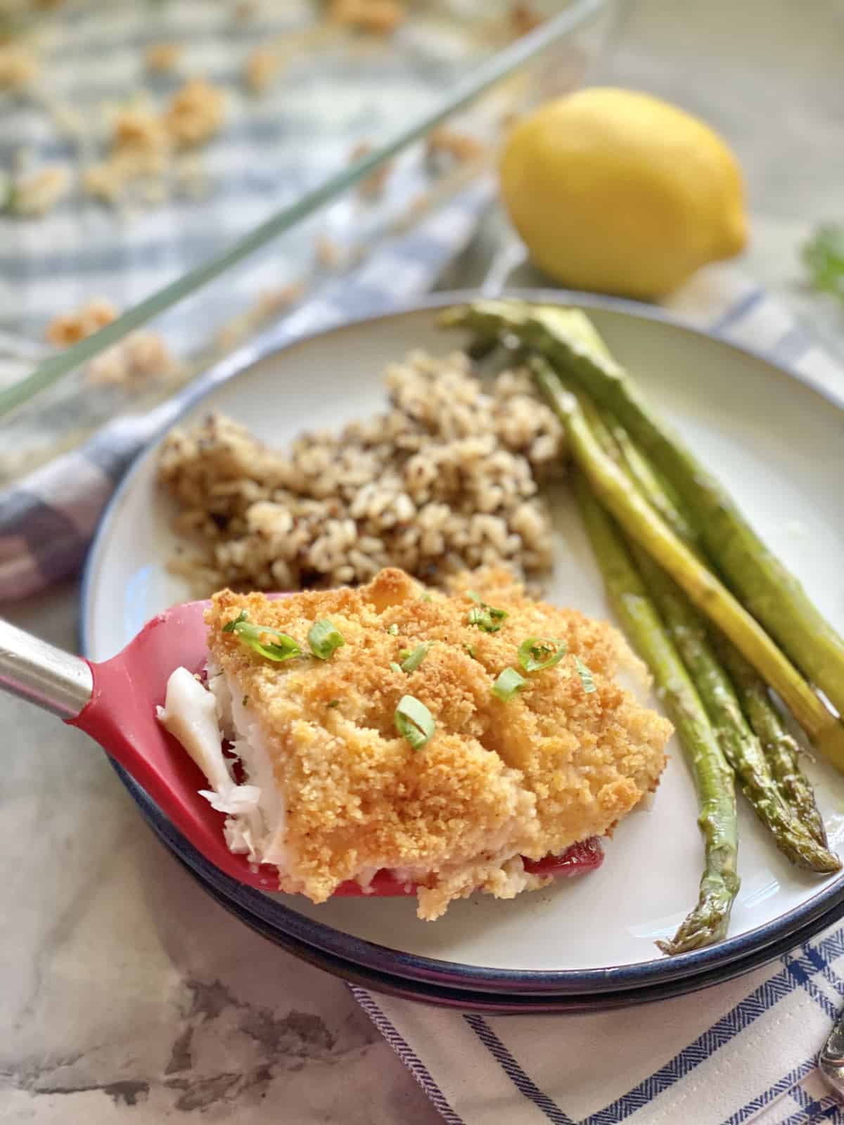 Red spatula placing a piece of breaded fish onto a plate with rice and asparagus.