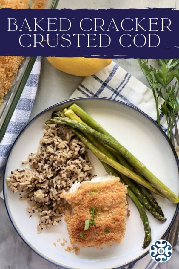 Top view of a White plate filled with fish, rice, and asparagus with text on image.