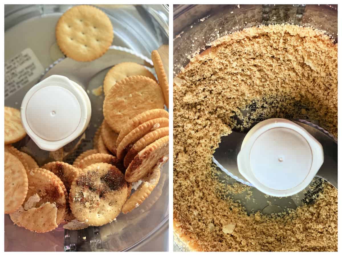 Two photos; right of Ritz crackers and spices in a food processor, and the left of blended cracker crumbs.