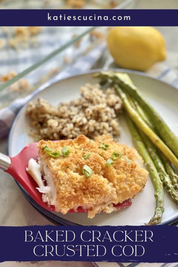 Red spatula placing a piece of breaded fish onto a white plate with text on image.