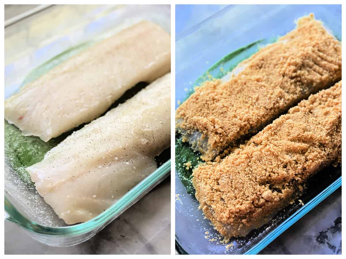 Two photos; left of raw cod, right of cracker crust on raw cod.