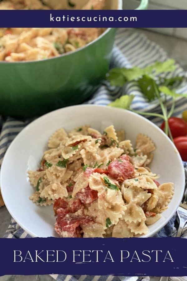 White bowl of bowtie pasta in cheese and tomato sauce with text on image for Pitnerest.