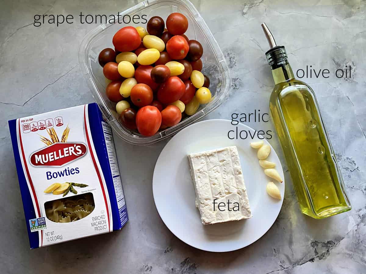 Ingredients: bowtie pasta, grape tomatoes, feta, garlic, olive oil.