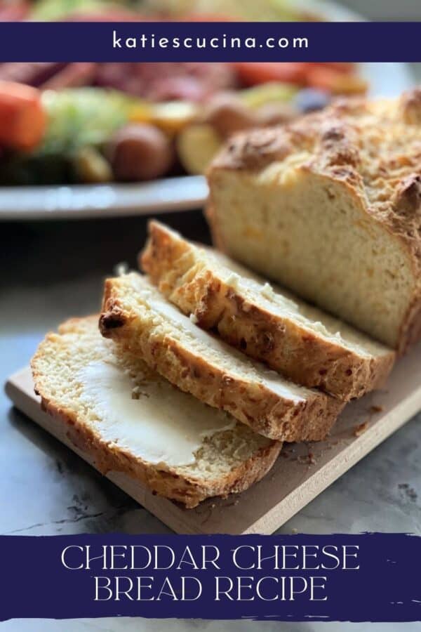 Three buttered slices of bread from a loaf with text on image for Pinterest.