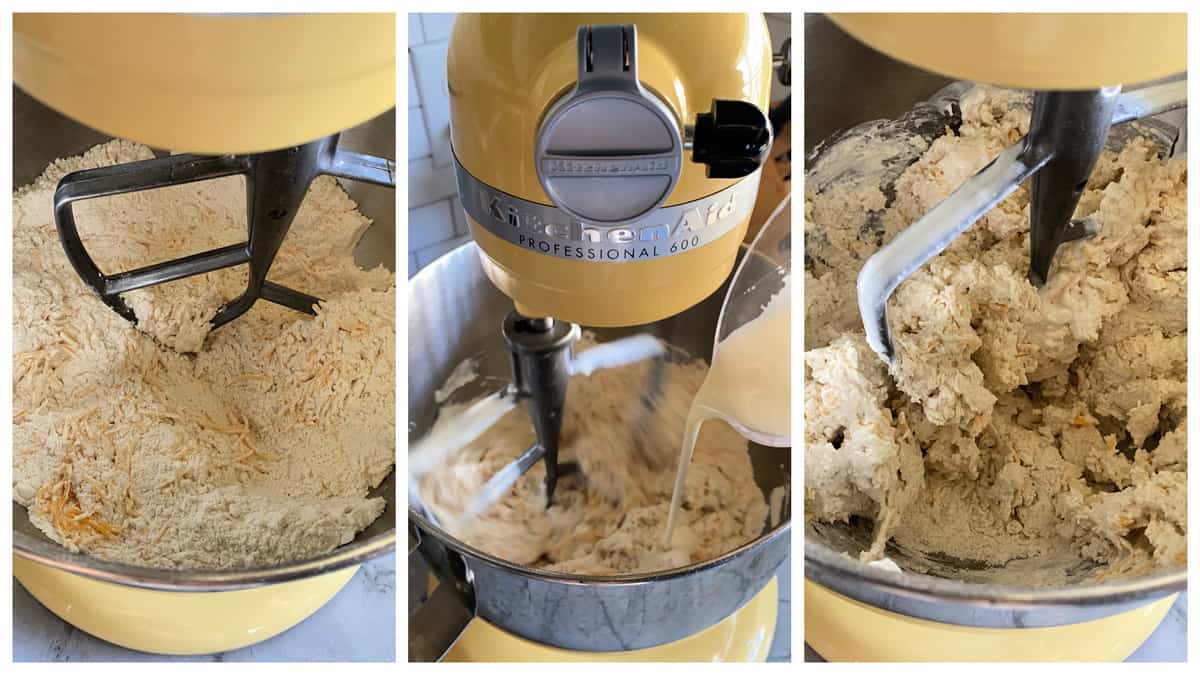 Three photos of the process of making no yeast bread dought in a yellow KitchenAid stand mixer.