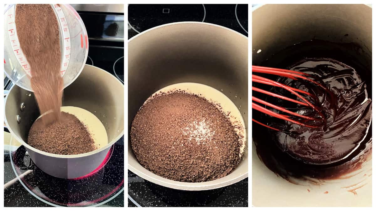 Three photo process of making chocolate ganache on the stovetop.