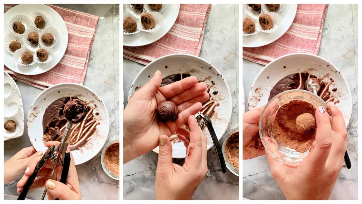 Three photos of the process of rolling and coated a chocolate truffle.