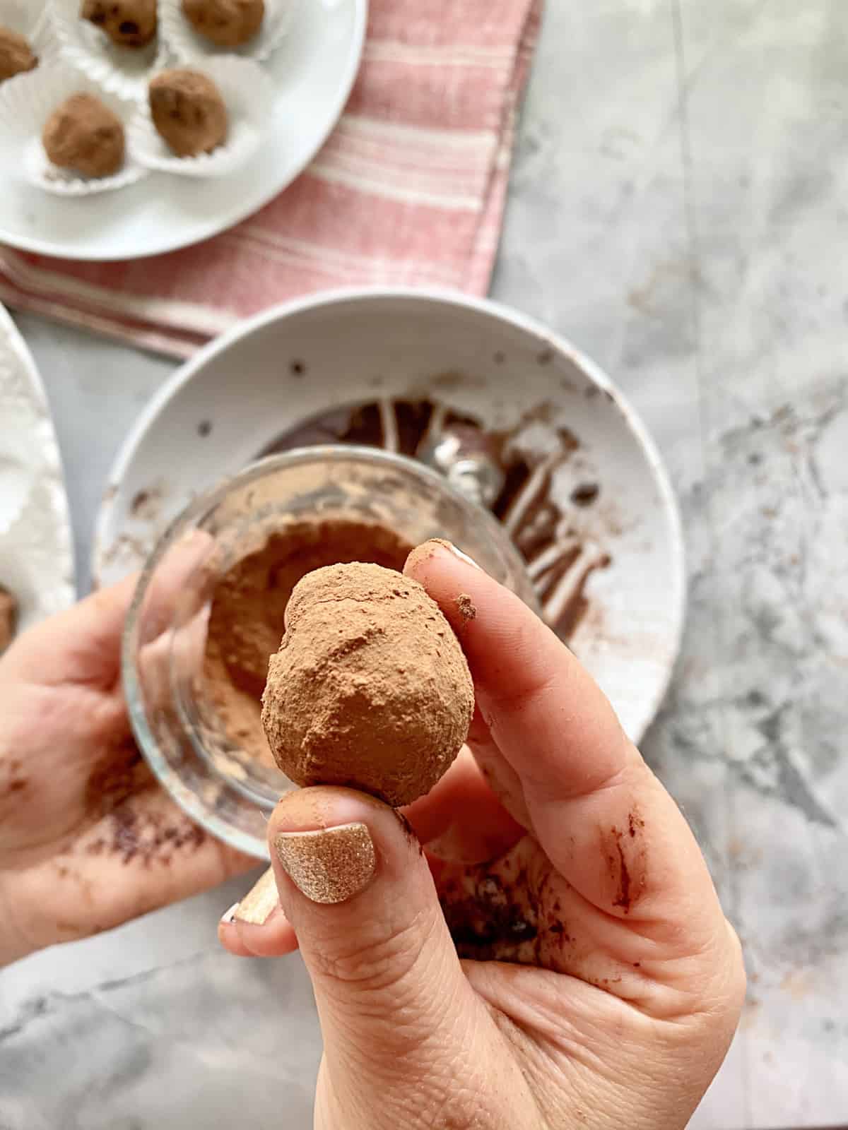 Female hand holding a cocoa powder dusted chocolate truffle.