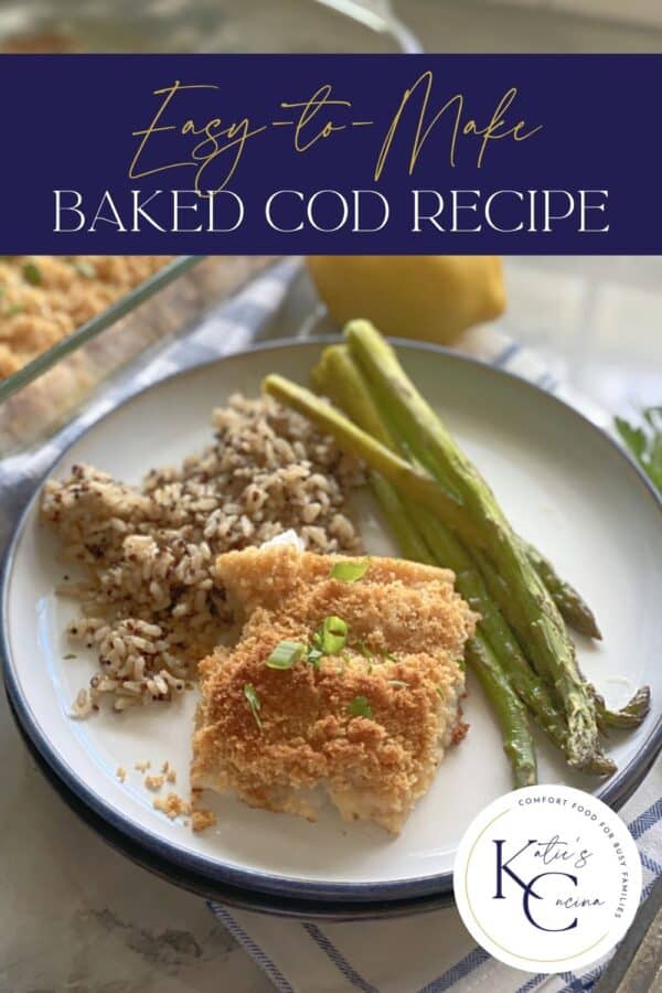 White plate filled with fish, rice, and asparagus with text on image for Pinterest.