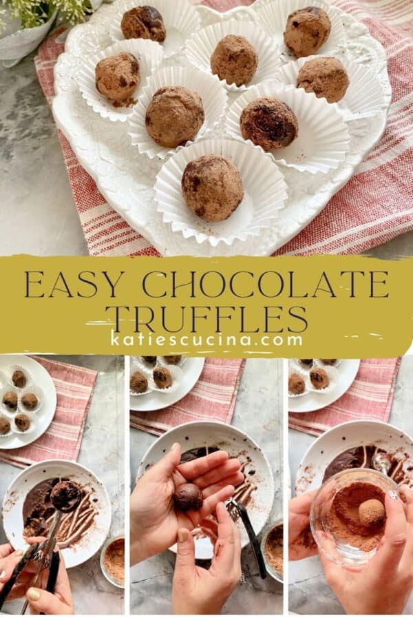 Four photos of truffles being made plus final photo split by text on image for Pinterest.