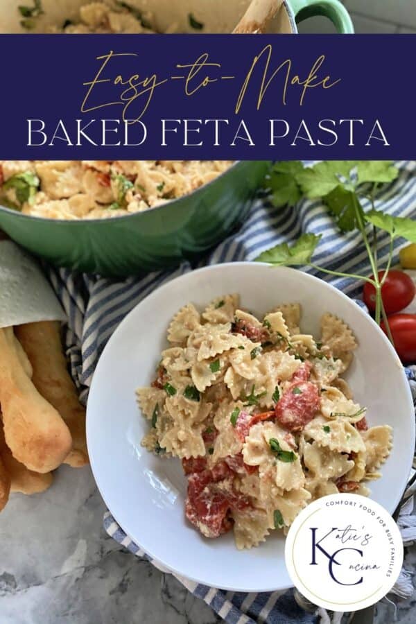 Top view of a bowl of bowtie pasta in cheese and tomato sauce with text on image for Pitnerest.