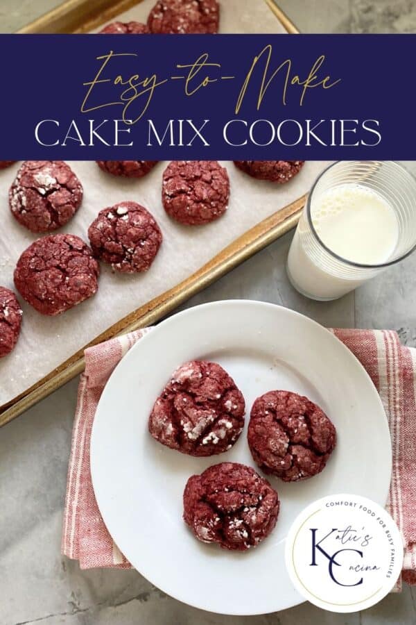 Top view of red cookies on a plate and baking sheet with text on image for Pinterest.