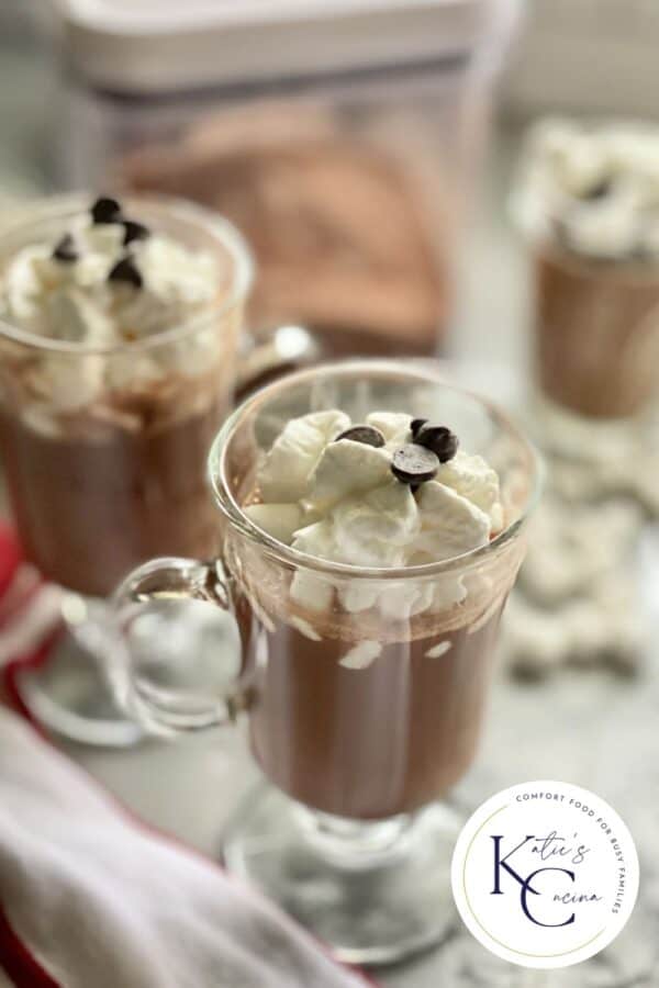 Two glasses filled with hot chocolate topped with whipped cream and chocolate chips.