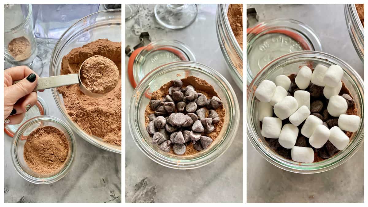 Three process steps filling hot cocoa mix into mason jars.