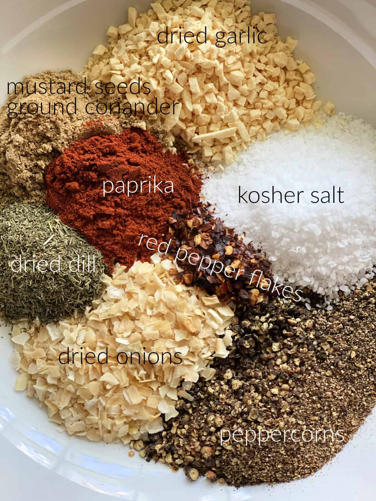 Spices in a dish; paprika, salt, pepper, red pepper, dried onions, dill, mustard seeds, coriander, and dried garlic.