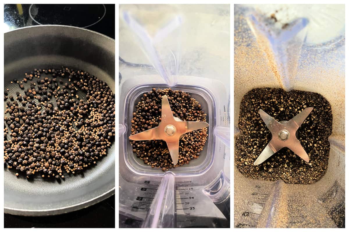 Three photos of peppercorns toasting in a pan and two photos of it in a blender.