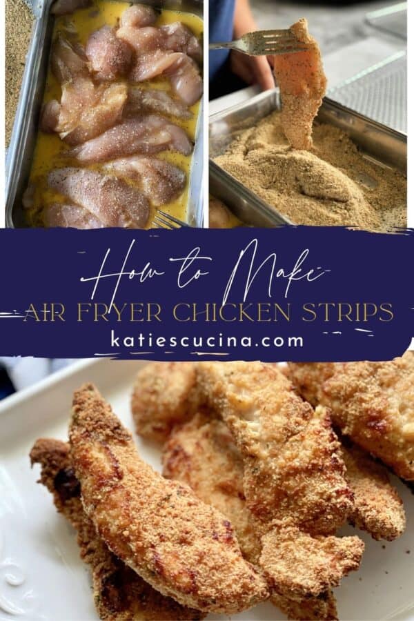 Three photos; top two of breading process of chicken, bottom of baked chicken strips split by text in middle of image.