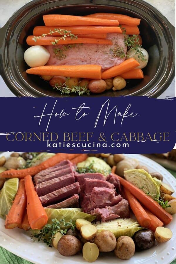 Two photos split by text; top of a slow cooker, and bottom of a platter filled with meat and vegetables.