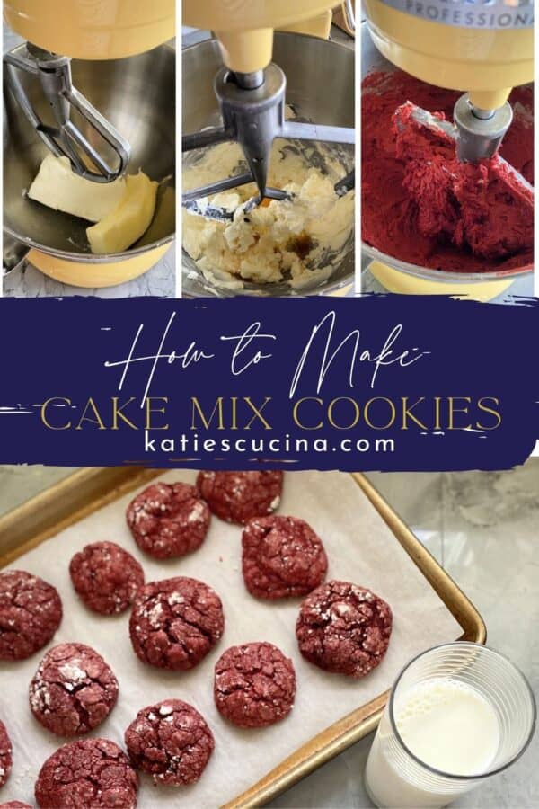 Thre photos on top showing process of making cookies divided by text and bottom of a baking sheet filled with red cookies.