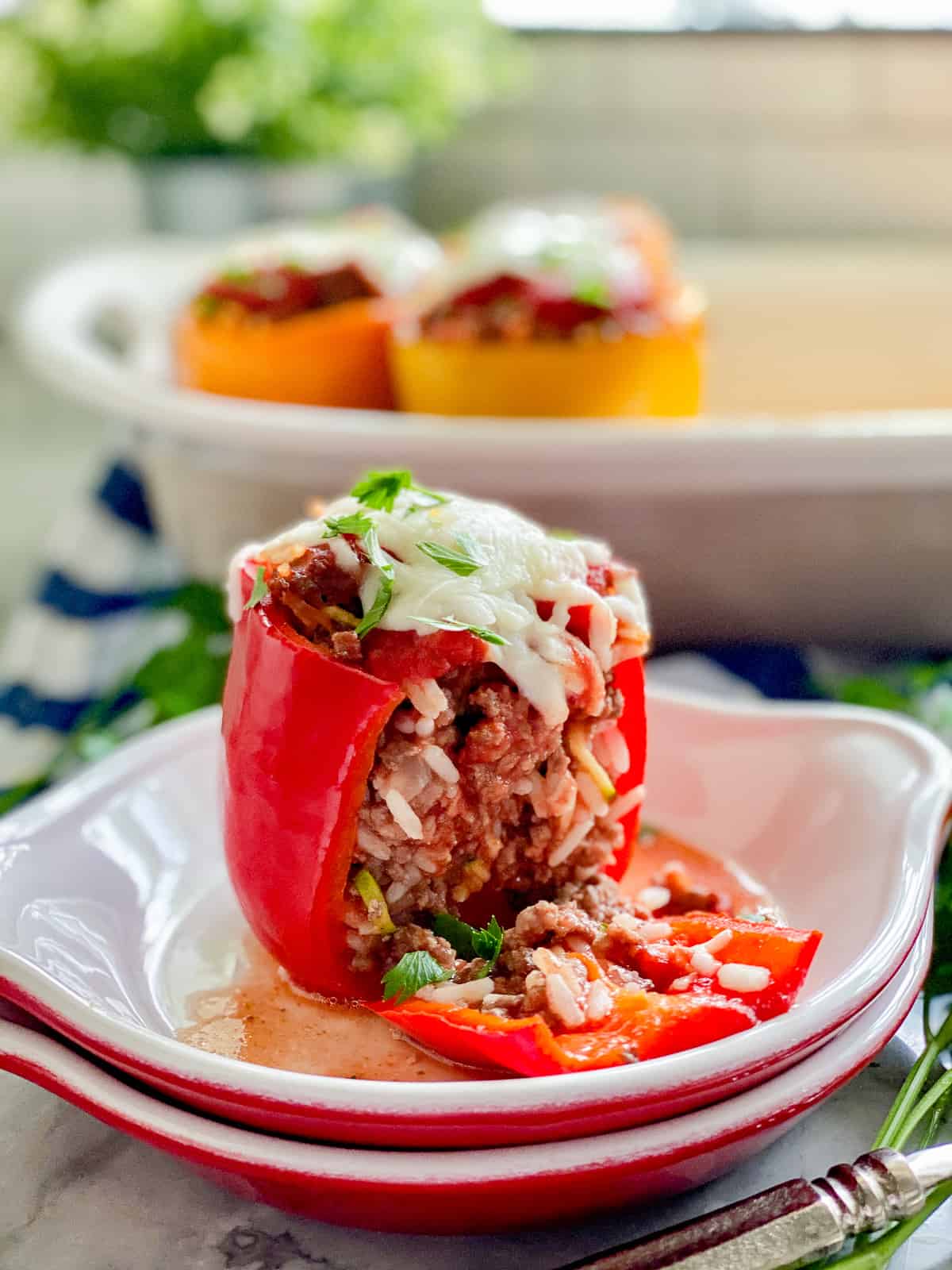 White plate with red trim with red stuffed bell pepper with brown beef and white rice and melted white cheese on top.