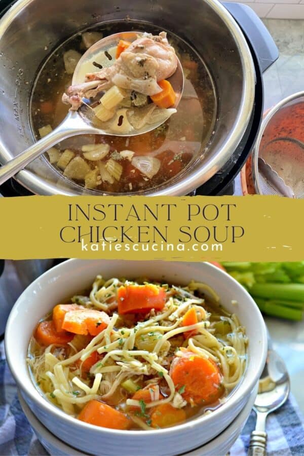 Two photos split by text; top of a spoon holding a cooked chicken drumstick, bottom of a bowl of noodle and vegetable soup.