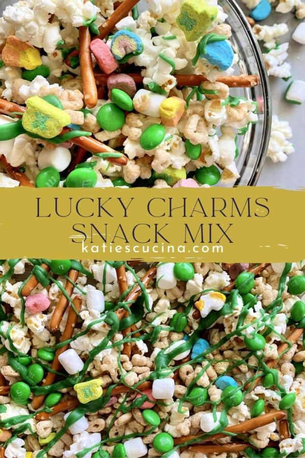 Two photos; top of a bowl of snack mix, bottom of close up of green white chocolate mix split by text on image for Pinterest.
