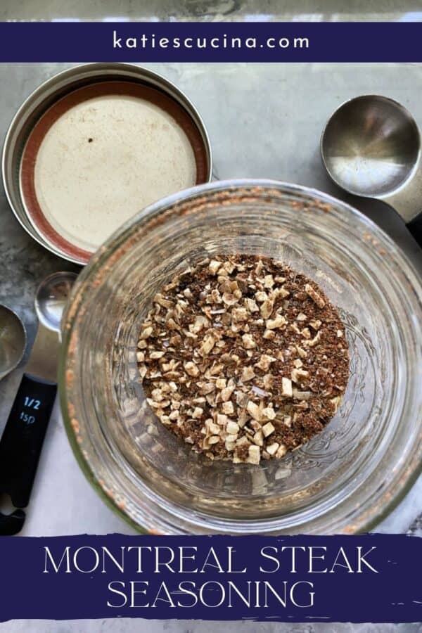 Top view of a mason jar filled with spices with text on image for Pinterest.