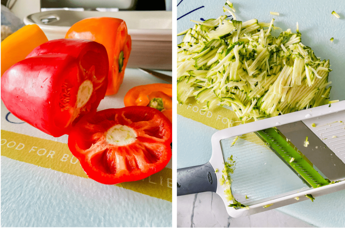 red pepper sliced on a white cutting board on the left. On the right schredded green zucchini with white shredder. 