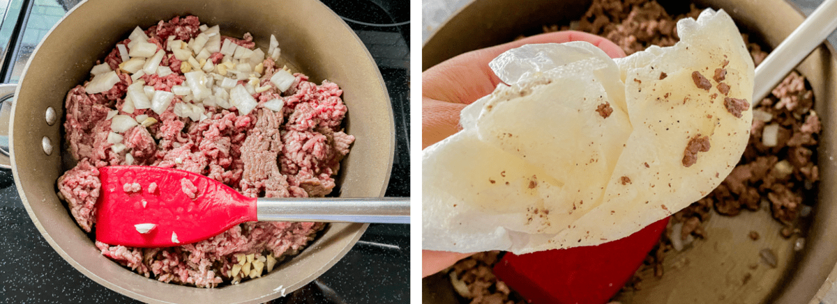 on the left skillet with uncooked ground beef with a red spatula. on the right white paper towel with olive oil a red spatula in skillet.