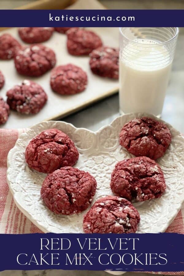 White heart shaped plate with 5 red cookies with text on image for Pinterest.