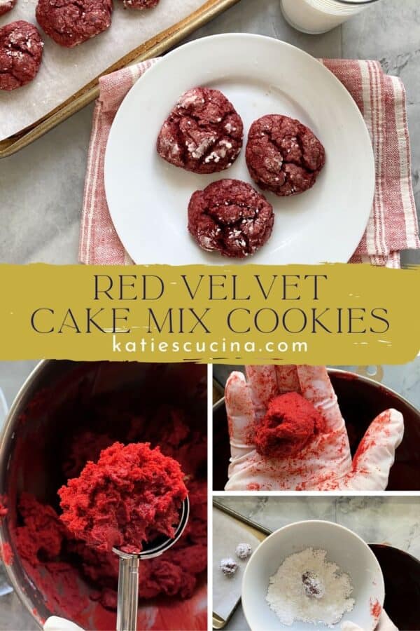 Four photos of red cookies being made split by text on image.