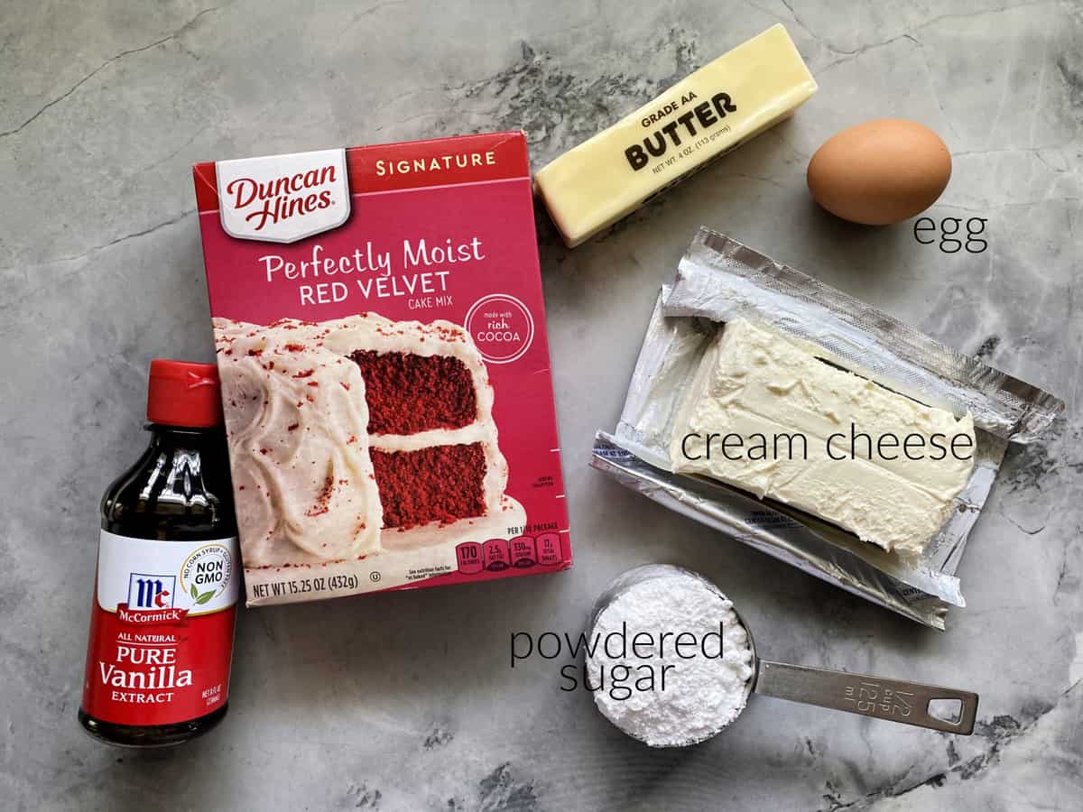 Ingredients: vanilla extract, butter, red velvet cake mix, powdered sugar, cream cheese, and egg.