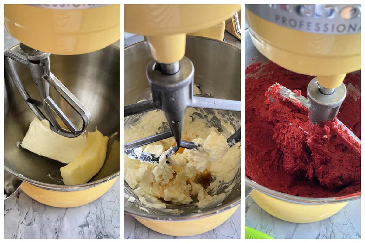 Three photos of process of making red velvet cookies.