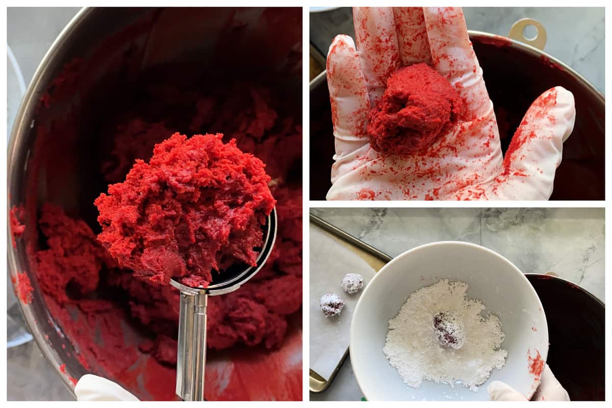 Three photos of the process of rolling red cookie dough balls.