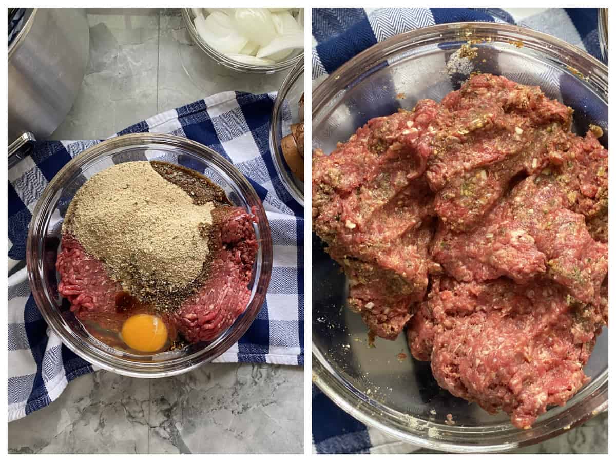 Two photos: left of ground beef, egg, and bread crumbs in a bowl. Right of ground beef all mixed up in a glass bowl.