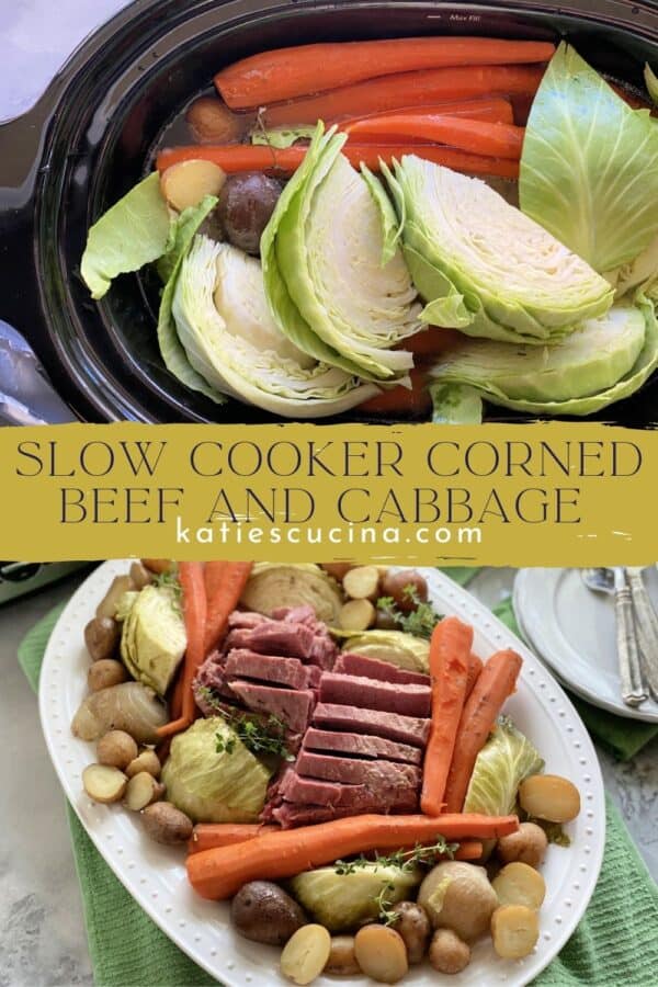 Two photos split by text; top of a slow cooker filled bottom of a platter filled with cooked meat and vegetables.